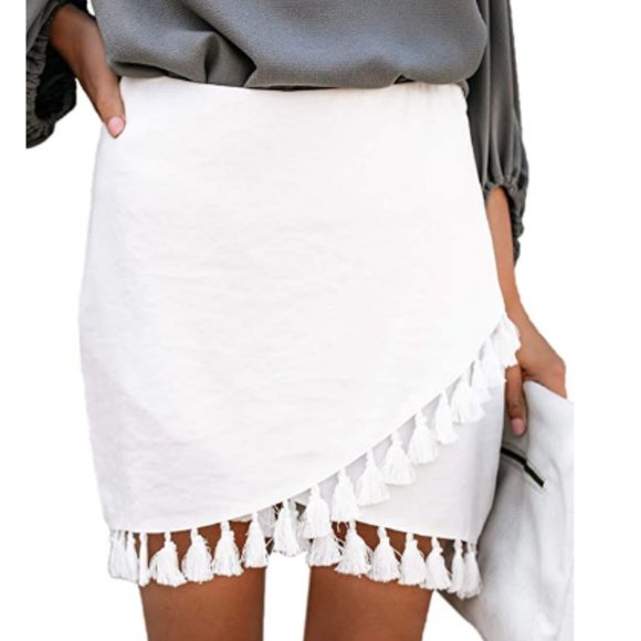 Dresses & Skirts - Womens High Waist Wrap Front Tassel Hem Mini Skirt